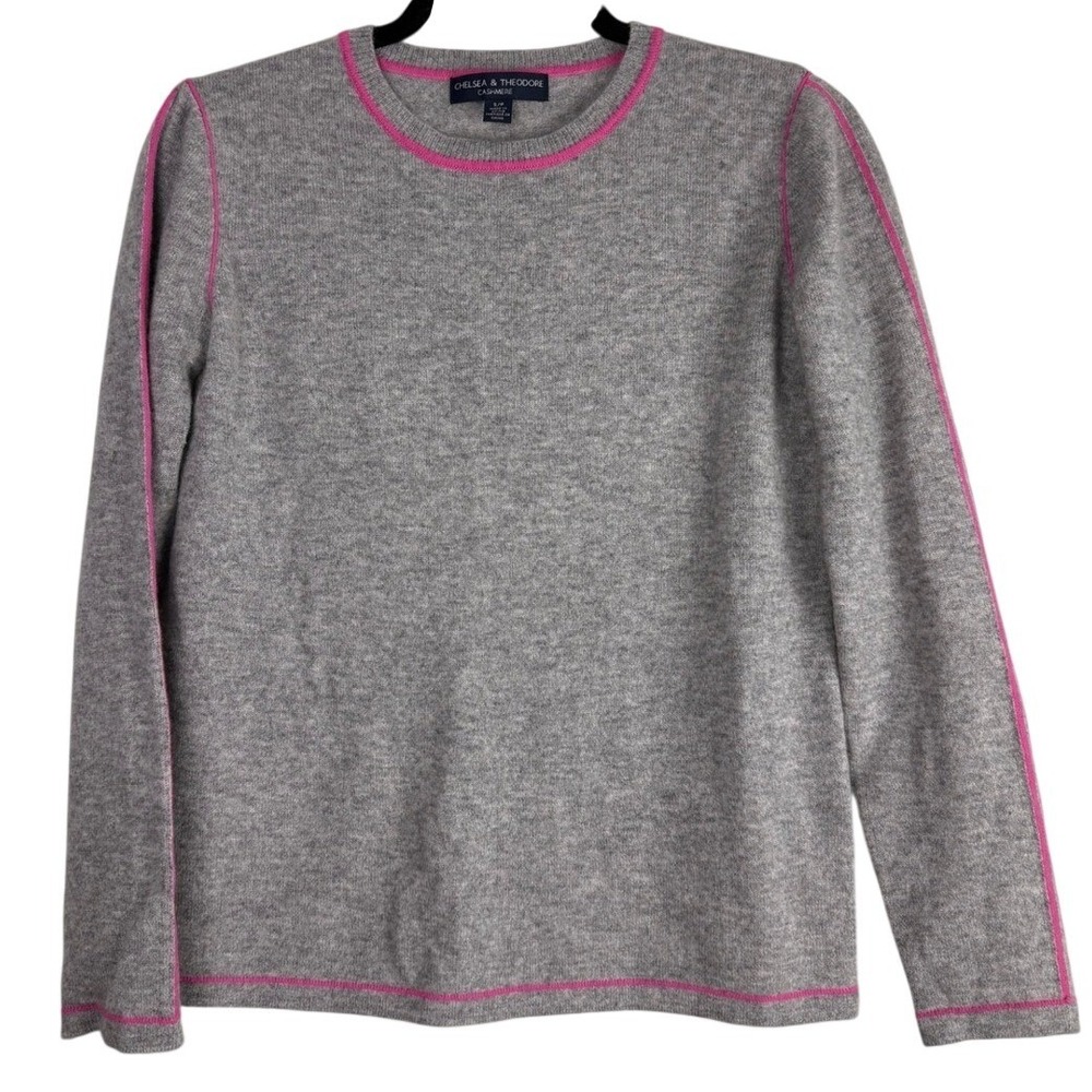 Chelsea‎ & Theodore Cashmere Gray Crewneck Sweater Pink Stitch Womens Small